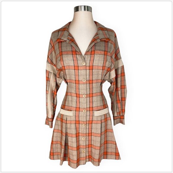 Maje Ravellino Camel Orange Check Plaid Woven Shirt Mini Dress NWT New 38 6 - Picture 4 of 7